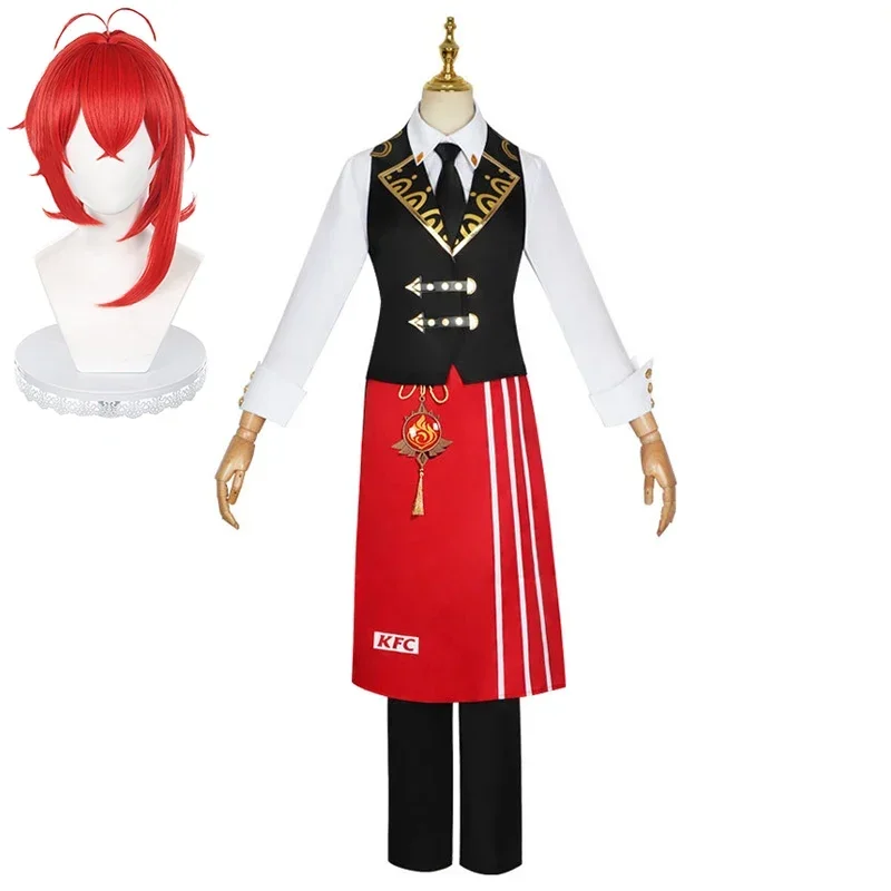 

Game Genshin Impact Diluc Cosplay Costume KFC Diluc Genshin Cosplay Men Waiter Uniform Wig Anime Halloween Party Outfit