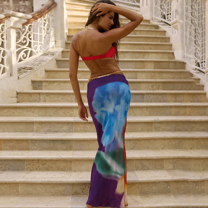 Fashion Printed Beach Two Piece Set 2025 Summer Solid Strapless Crop Top Slim Hip Wrapping Long Skirts Vacation Beach Swimsuit