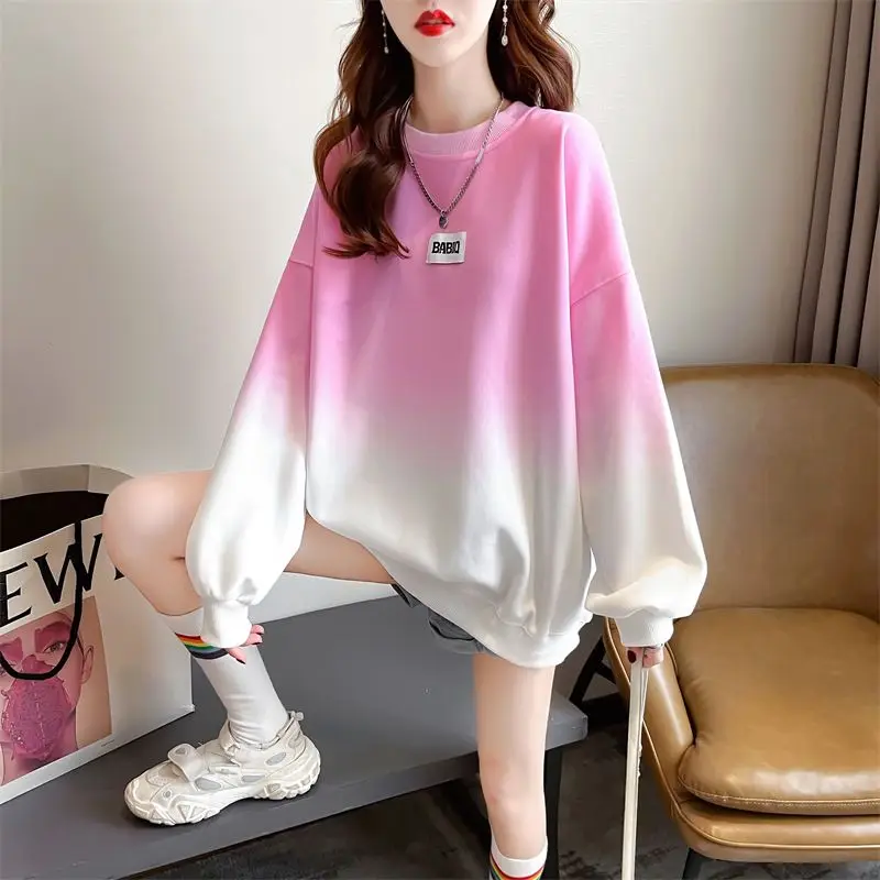 Spring Autumn New Gradual Color Loose Fashion Hoodies Sweatshirts Long Sleeve O-neck Casual Pullovers Korean Y2K Women Clothing