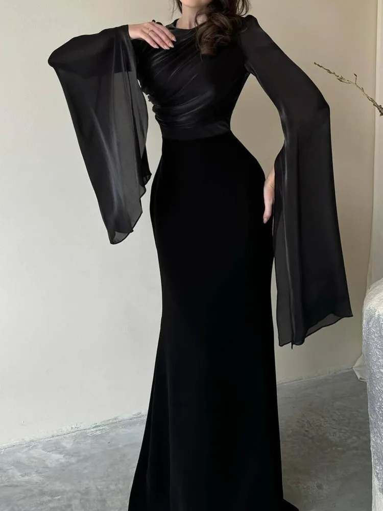 DFDG 2025 الربيع الصيف المرأة مصمم فستان ستان مثير الخفافيش الجناح متوهج كم ماكسي بقماش شفاف إدراج Bodycon فستان الرقبة المستديرة