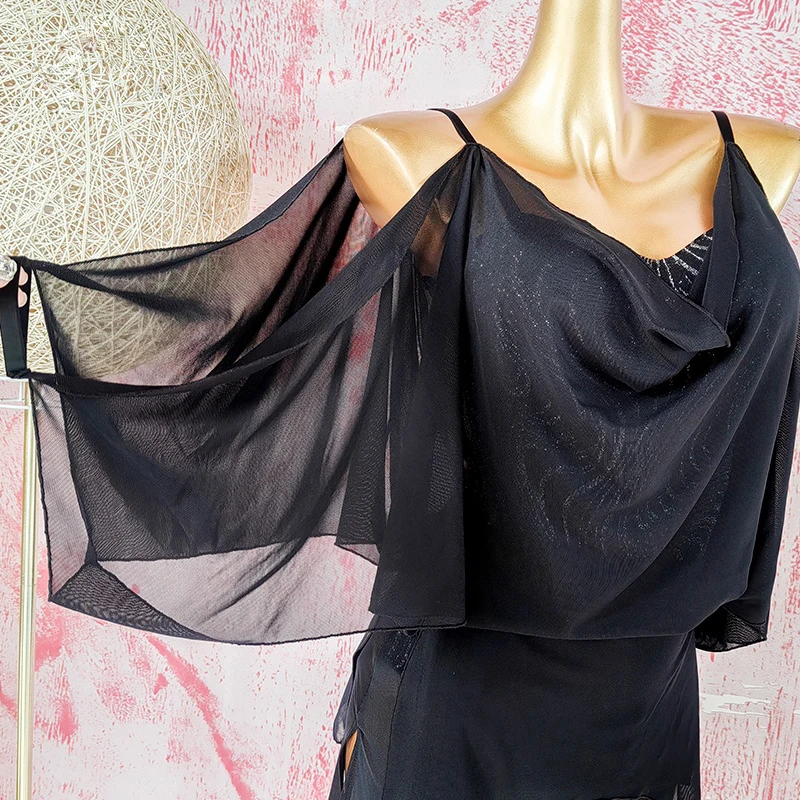 Robe de spectacle latine Sexy, nouvelle collection d'été, robes à bretelles noires pour femmes, vêtements d'entraînement latin, Rumba Cha Cha, vêtements de danse d'entraînement 3339