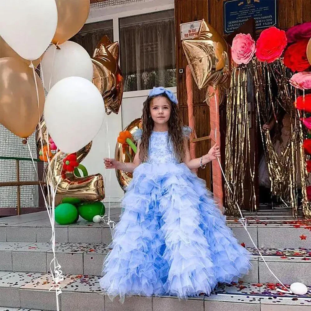 Light Sky Blue Ruffles Tier  Flower Girls Dress With Feather Sleeve Little Kids Pageant Child Fashion Show Formal Gown