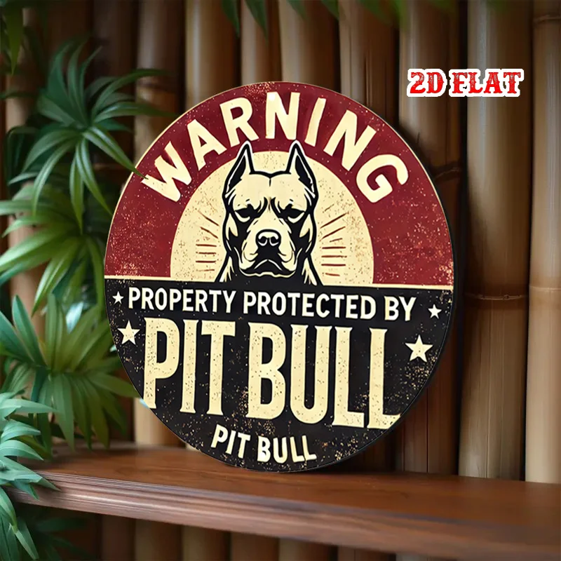 2D Flat, 1pc Retro Round Aluminum Sign - Pit Bull Warning & Protection Design Rustic Metal Wall Art, 7.87x7.87 Inch Vintage Home