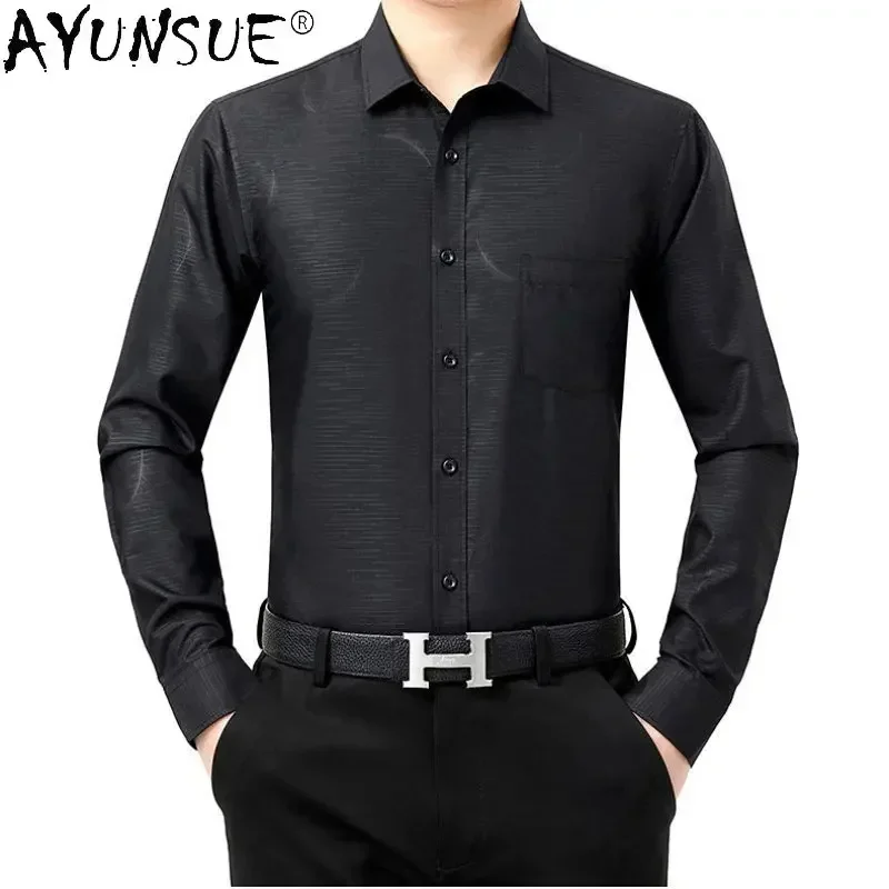 

AYUNSUE 100% Silk Shirts for Men 2025 Spring Long Sleeve Clothing Casual Business Man Tops Camisa Masculina