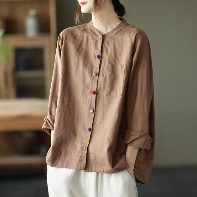 Spring Autumn Women\'s 2024 New Splicing O-Neck Button Pocket Fashion Solid Color Versatile Casual Long Sleeve Blouses Shirts