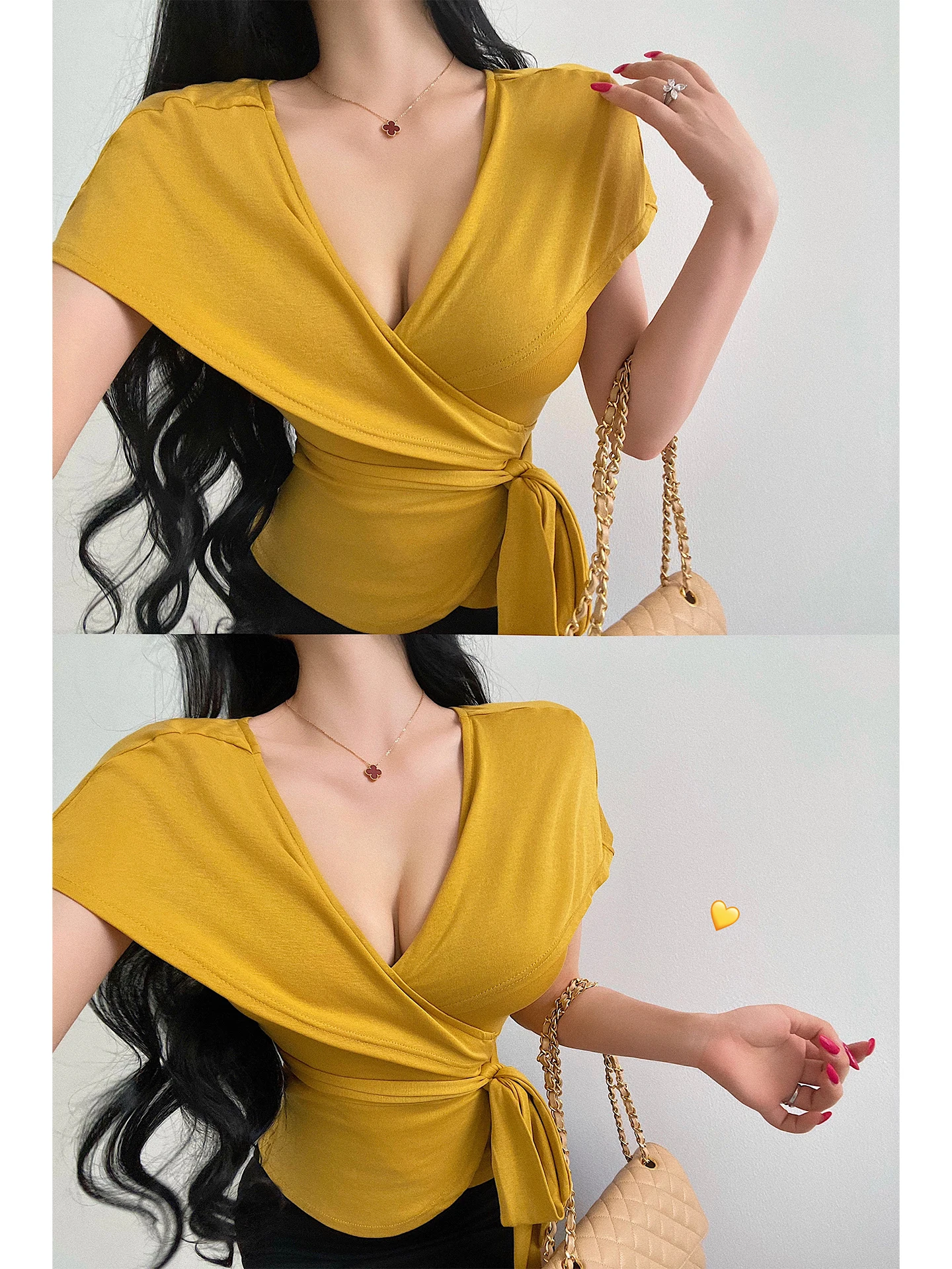 Sexy Pure Desire Cross V-neck T-shirt Women's Slim Fit Short Sleeve Top with Belt Detail Daily Wear Casual Fashion
