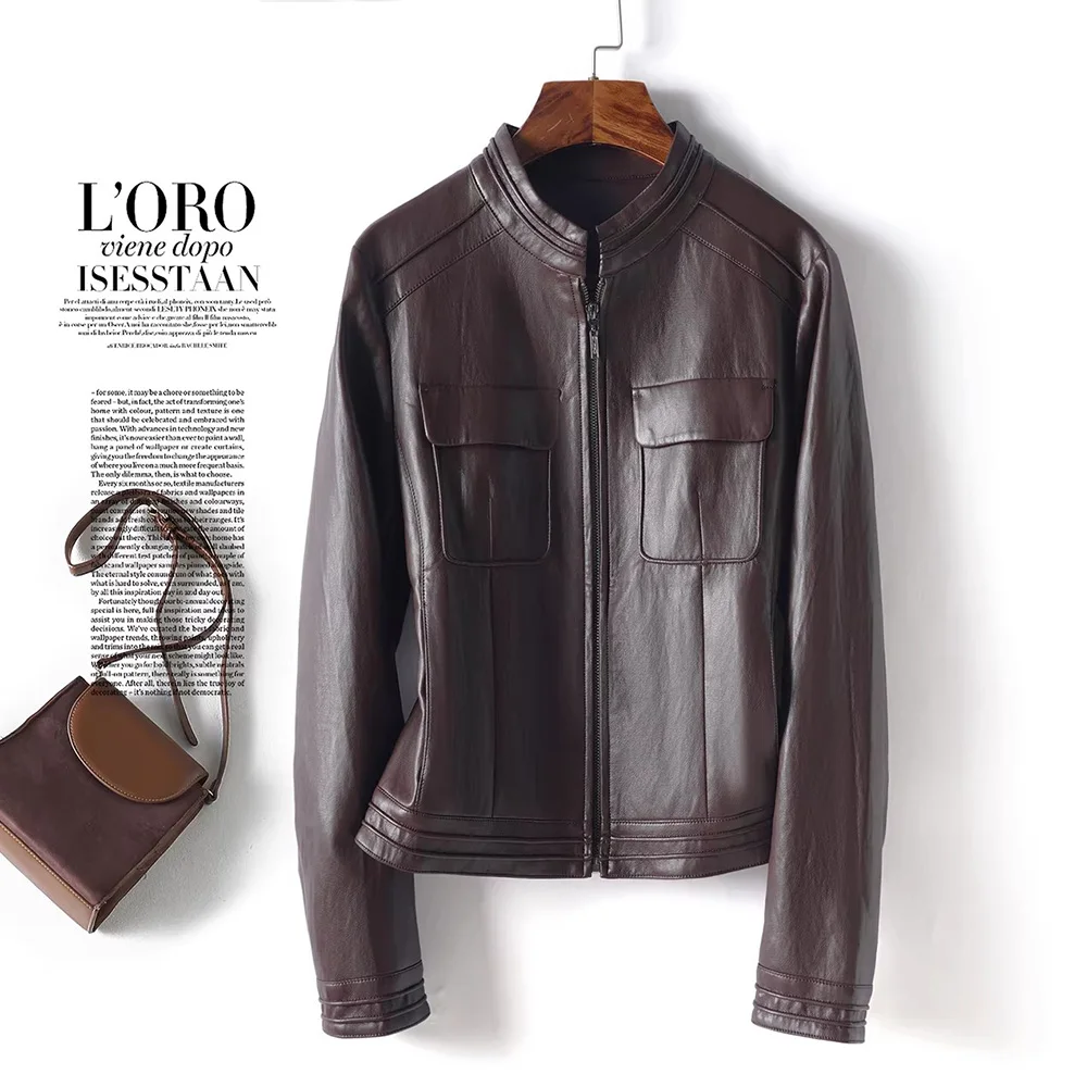 New Women Split Leather Coat Spring Autumn Fashion Stand Collar Long Sleeve Casual Jacket Simplicity Slim Leather Jacket Female