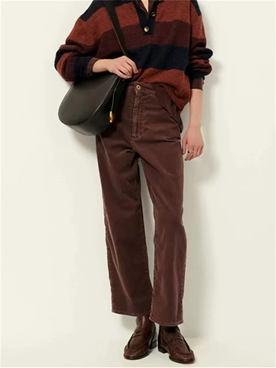 Velvet High Waist Cropped Pants for Women Straight Leg Casual Trousers 2025 Autumn Winter Lady Fashion