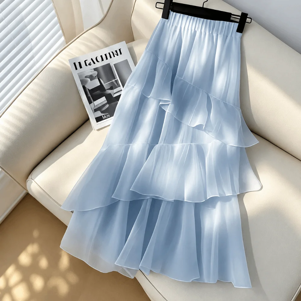 Fashion Blue Long Skirt Ruffles Loose Fit A-Line Skirt High Waist Chiffon Skirt Spring Summer