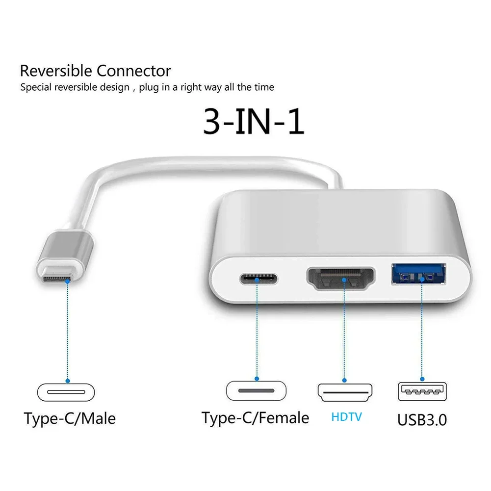 

USB 3.1 Thunderbolt3 Type-C To 4K UHD HDTV USB 3.0 OTG PD 60W Fast Charging Cable USB C 3in1 Splitter Hub for Macbook Pro Laptop