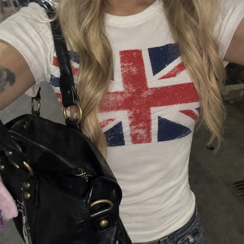 Summer Women Y2K Streetwear  Emo Aesthetic  Slim Fit Crew Neck Vintage Union Jack Flag Graphic Short Sleeve T Shirt Tee Top