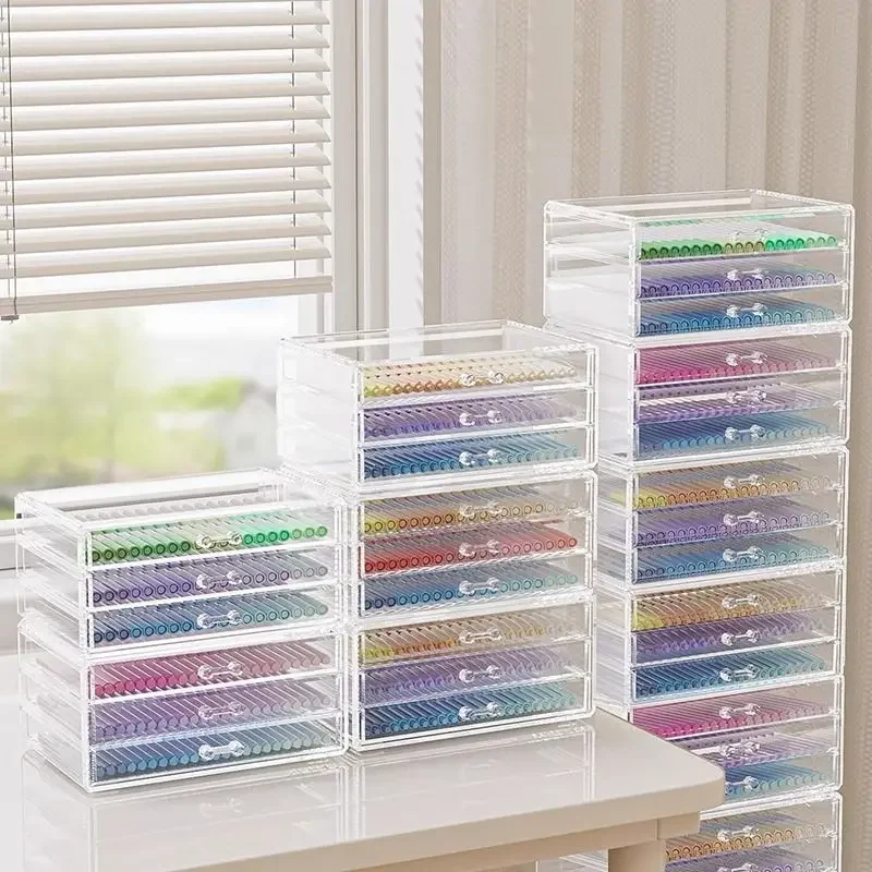3 Layers Transparent Pen Case Students Desktop Storage Box Stationery Holder Thickened Acrylic Drawer Type Color Pen Organizer