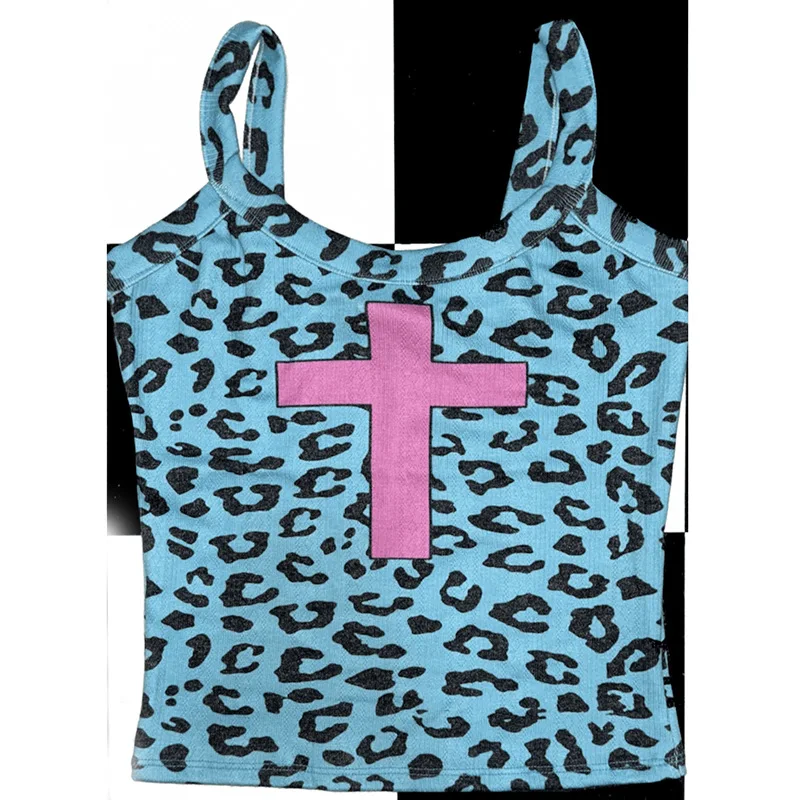 Y2K Retro-Weste mit blauem Leopardenmuster und rosa Kreuz, schmales Camisole-Top für amerikanische und europäische Frauen