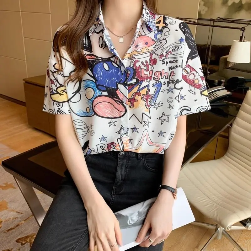 Women Summer Fashion Loose Printing Trend Polo-Neck Short Sleeve Shirts Women Clothes Casual All-match Appear Thin Thin Top Tee