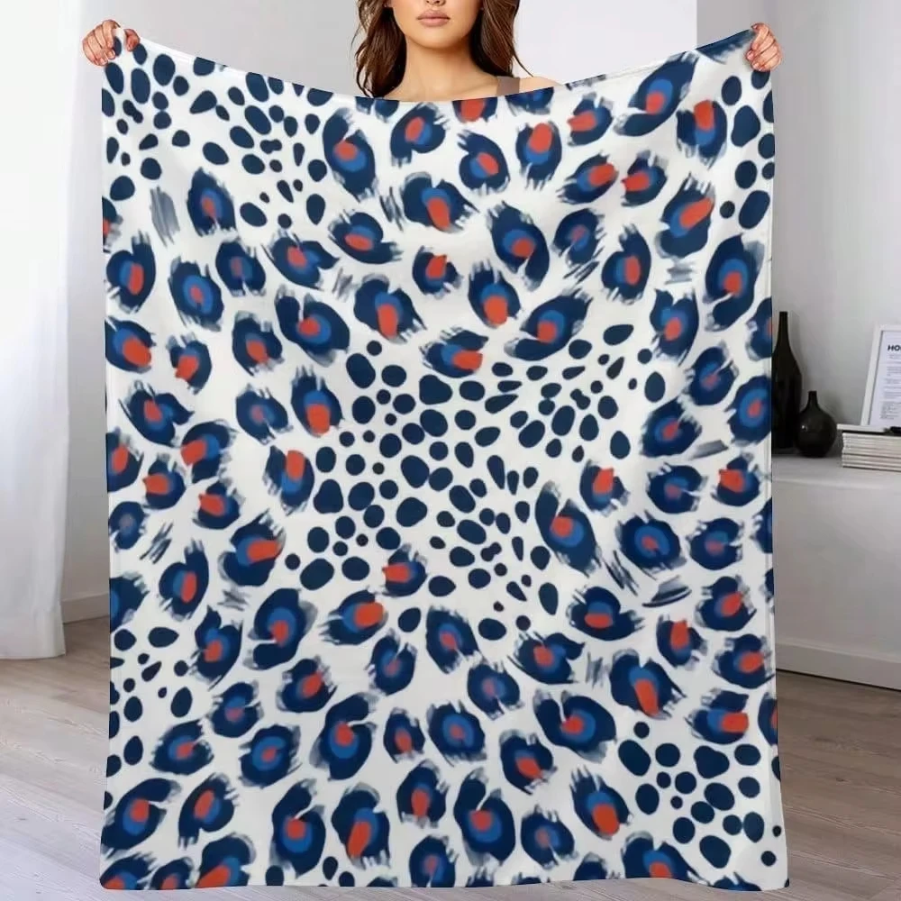 Blanket Throw Leopard Print Blue Red Abstract Leopard Flannel Blanket Modern Brush Stroke Pattern, Sofa Bedroom Indoor Decor