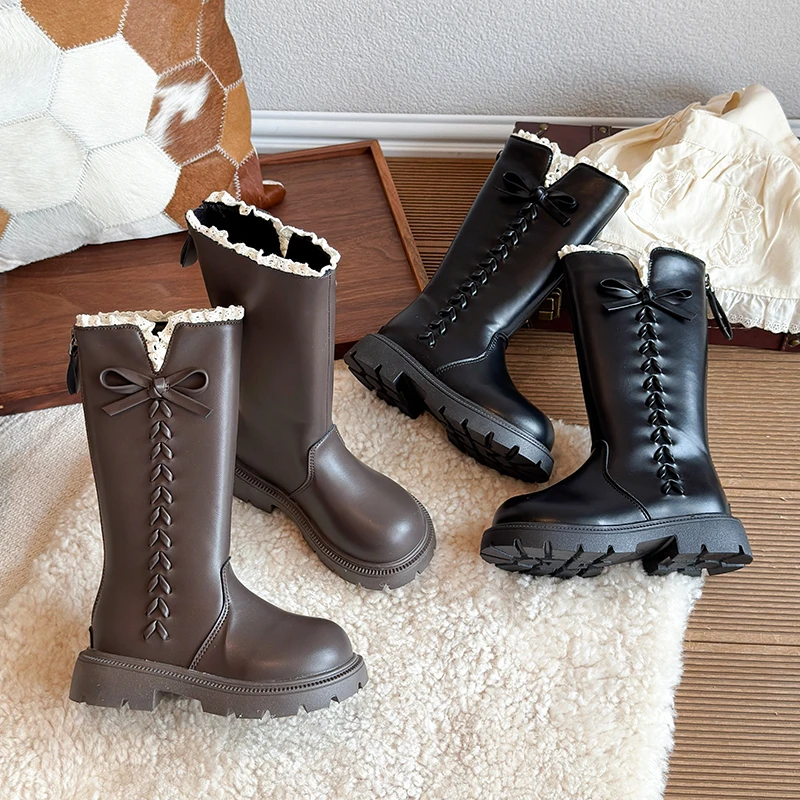Little Girls Side Bowknot Leather Boots 2026 New Winter Kid Plush Lining Mid-calf Boots Non-slip Trendy Princess Christmas Party
