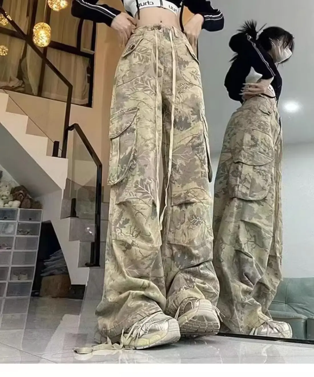 IMU Vintage Camouflage Denim Pants Y2K American Street Denim Pants Trendy Loose Flip Multi Pocket Cargo Low Waist Pants
