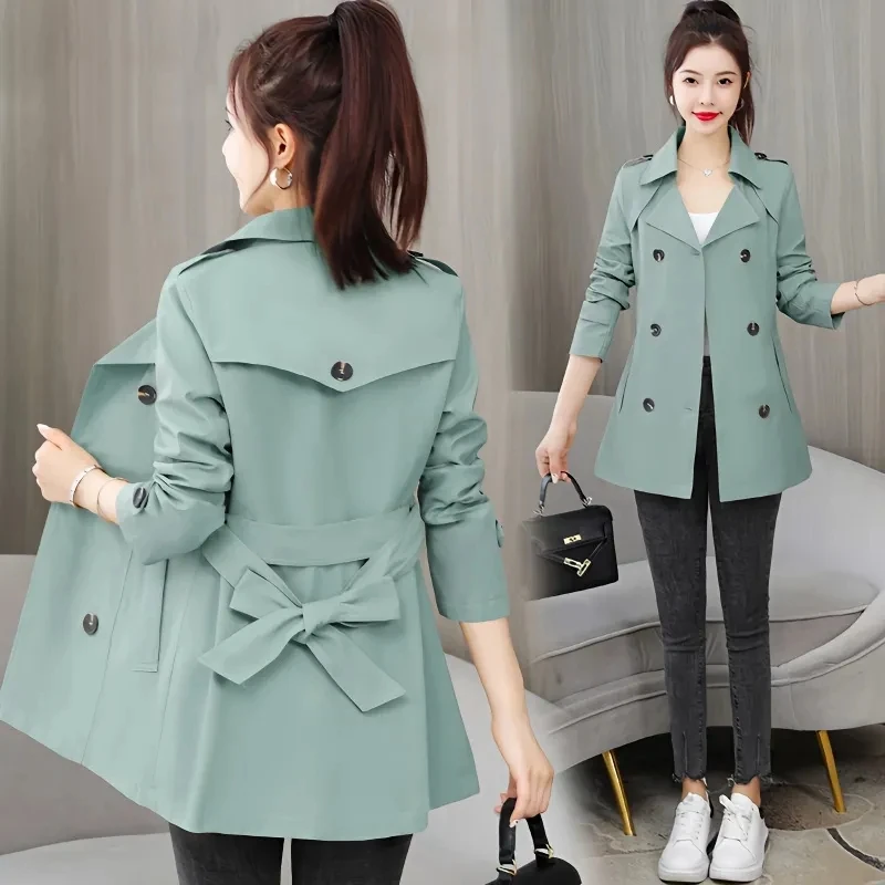 2024 New Spring Autumn Trench Coat Women Clothes Slim Long-Sleeved Short Windbreaker With Belt Casual Outwear Female Tops Lining