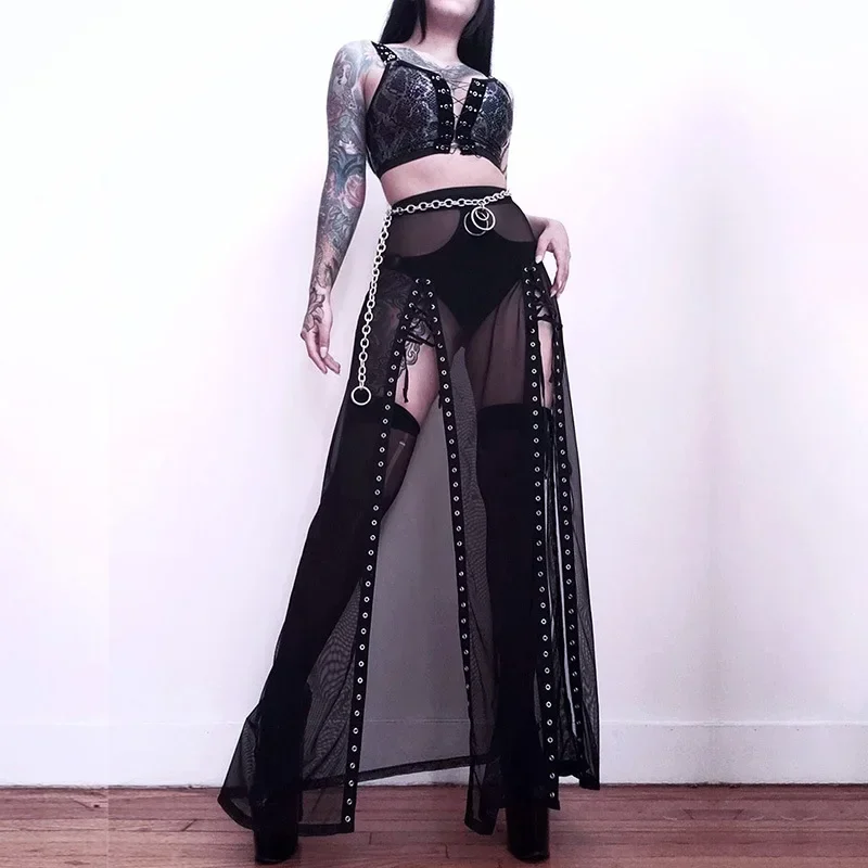 Punk Harajuku Black Hollow Out Skirt Y2K Goth Grunge Patchwork Eyelet Split Long Skirt Summer Sexy Night Club Skirt
