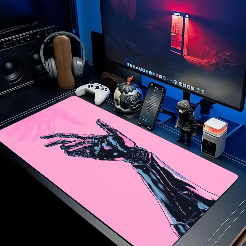 لوحة ماوس كبيرة جدًا غير قابلة للانزلاق مع خلفية وردية يدوية روبوتية، سجادة ألعاب مزخرفة RV من البوليستر ومكتب مكتب، طاولة قهوة