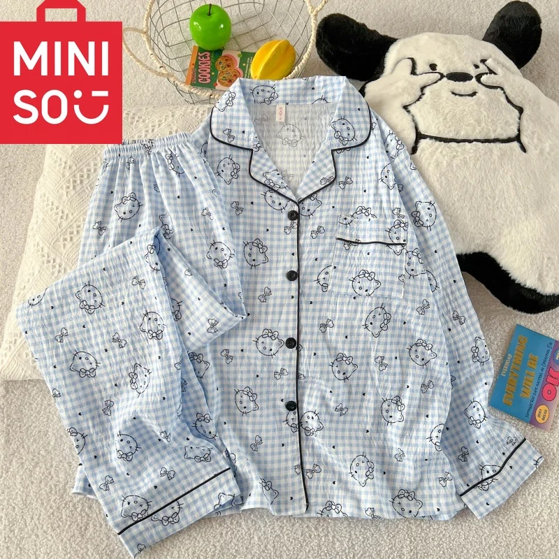 مرحبا كيتي بيجامة مجموعة النساء الخريف الشتاء جديد الراحة Y2K لطيف Kawaii منقوشة المتسكعون 2 قطعة طويلة الأكمام السراويل العليا ملابس خاصة #3