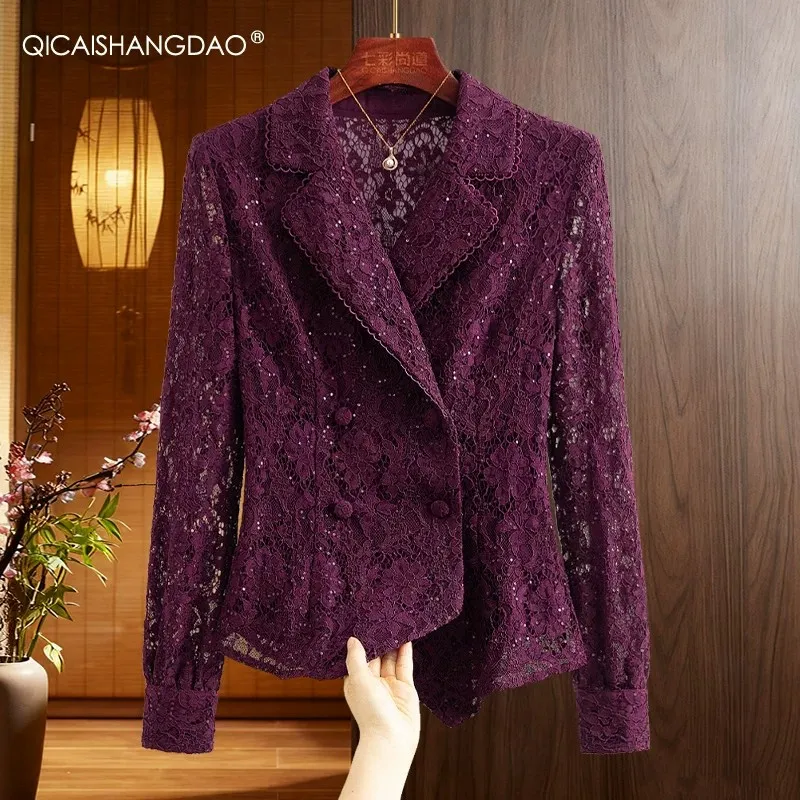 Luxury Sequins Women Long Sleeve Lace Blouse Elegant Retro Notched Collar Double-breasted Autumn Winter Shirts Casual Tops