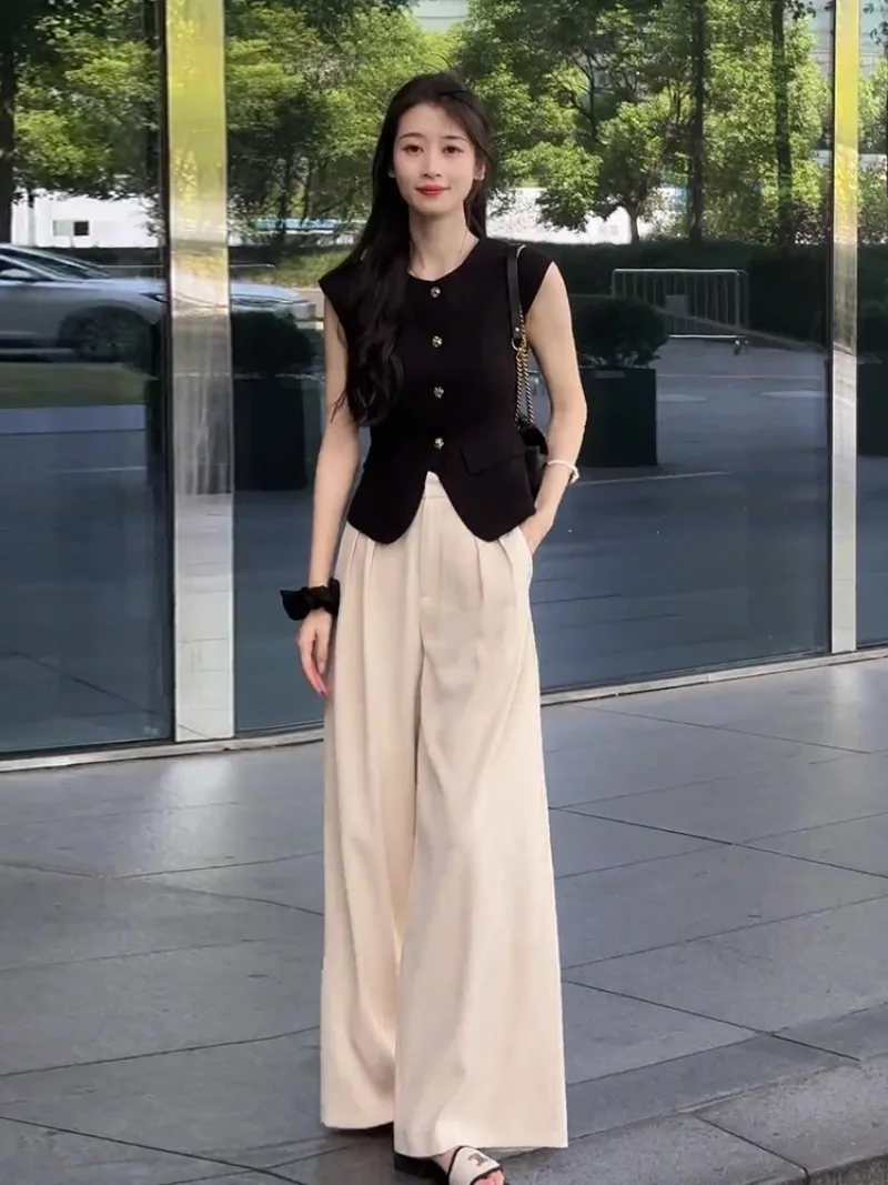 New High Quality Temperament Summer Two Piece Set Women Elegant O-neck Sleeveless Vest Coat Top + Casual Wide Leg Pants Suits