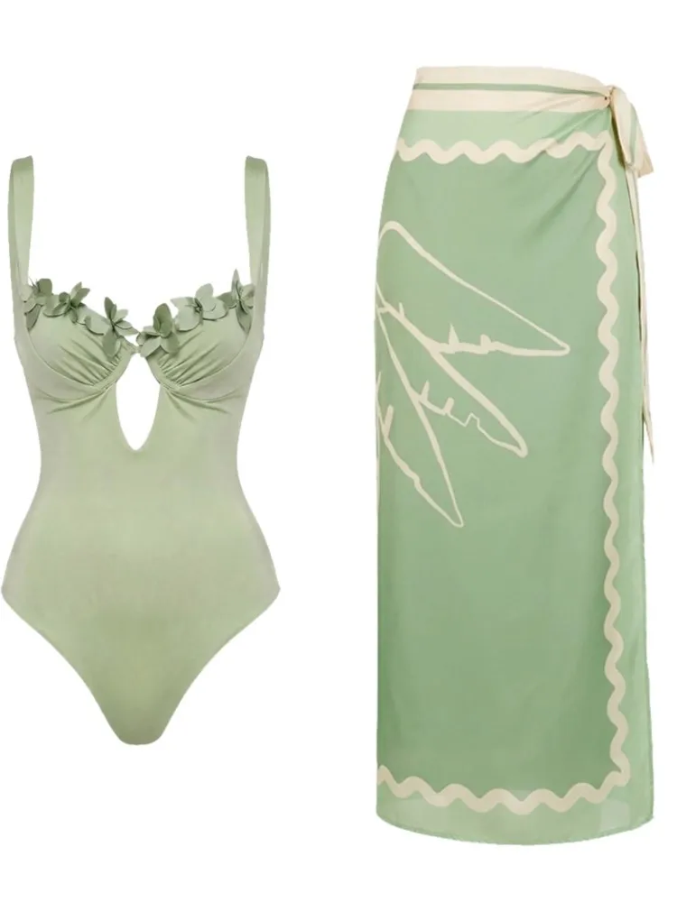 Retro Bikini Printed Fashion Two Piece Swimsuit And Cover Up With Skirt Tight Women's Bandage Summer Beach Luxury Elegant