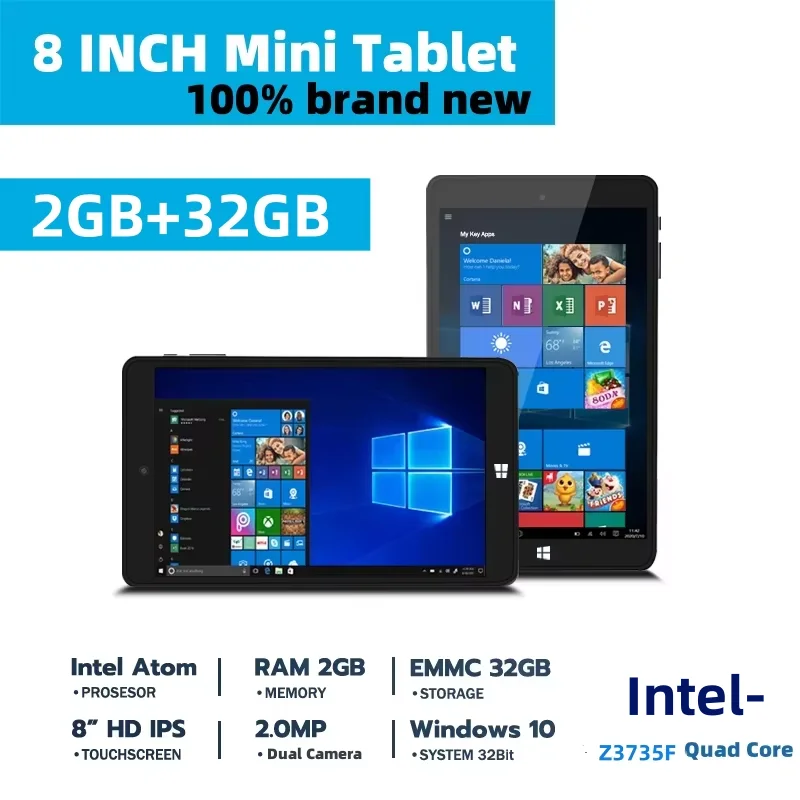 

New Windows 10 Tablets 8 Inch 32-bit Z3735F CPU 2GB RAM 32GB ROM 1280*800 IPS Quad Core Dual Camera WIFI