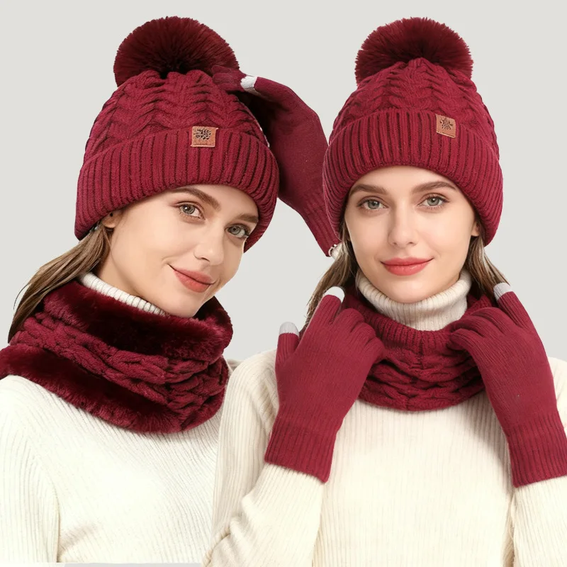 New 3Pcs/Set Women Winter Hat Scarf Gloves Faux Fur Ball Teenager Girls Knitted Beanie Neck Warmer Suit Warm Ears Woman Cap Set