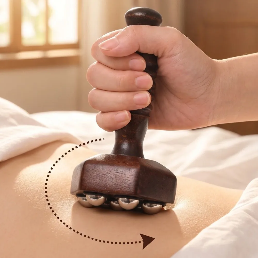 Wood Massage Roller Metal Ball Roller Multi ball Head Gua Sha Tool Polished Surface Hand Grip Handle Muscle Relaxation Tool