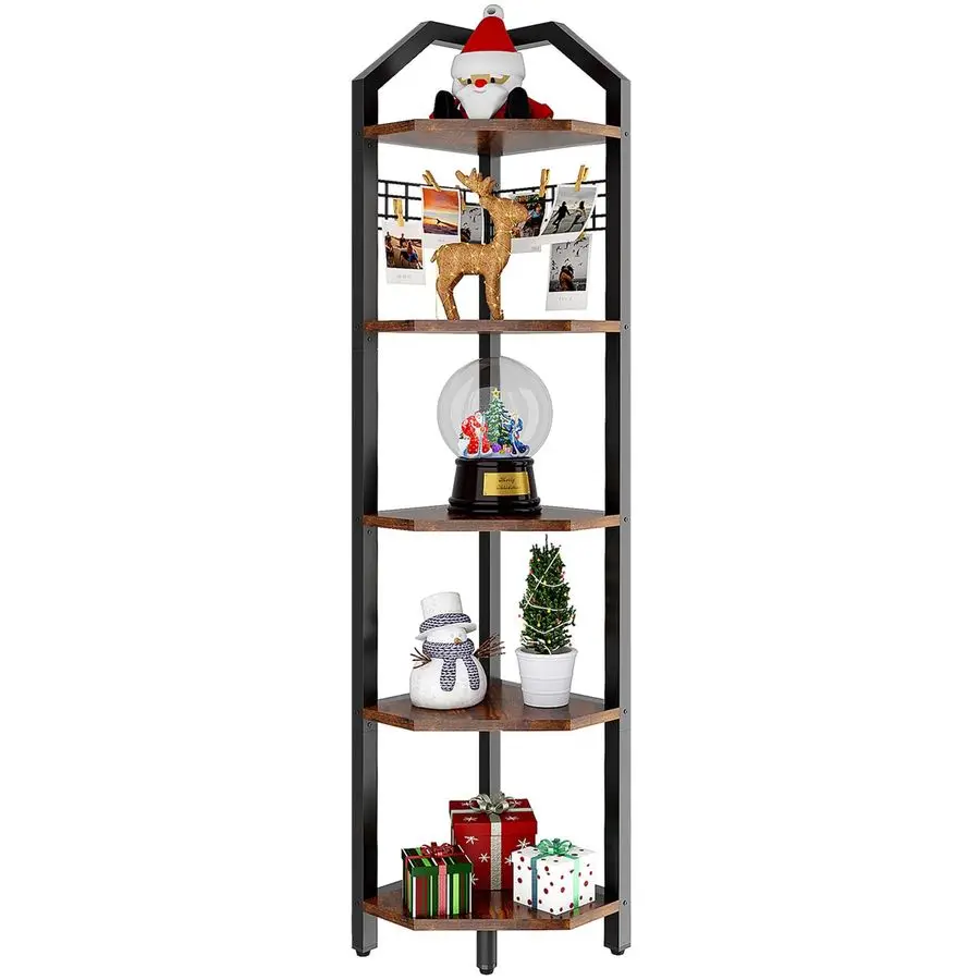 

5Tier Corner Shelf, Freestanding Corner Bookshelf, Plant Stand, Industrial Bookcase, Multi Storage Shelf Rack for Living Room, B