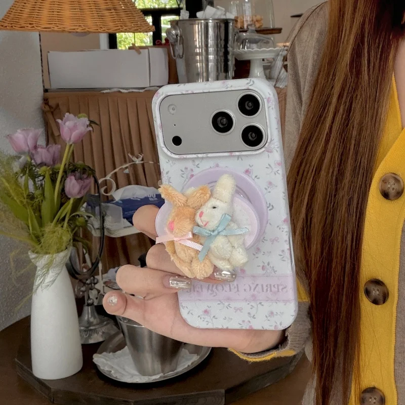 

Korean Ins Pink Flower Painting Magnetic Phone Case For iPhone 17 16 Pro 15 Pro Max Cover with Plush Rabbit Stand Cases For Mags