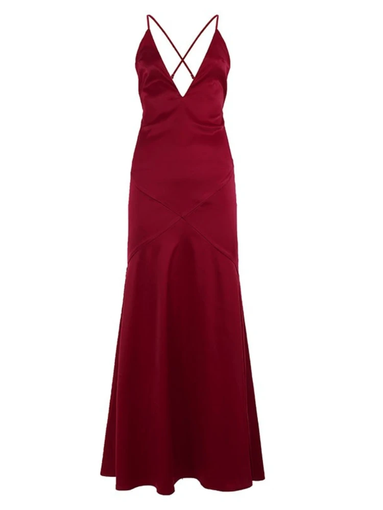 SsTss Sexy Diepe V-hals Mouwloze Avondjurk Vrouwen Elegant Satijn Criss Cross Backless Zeemeermin Jurk voor Formele Evenementen