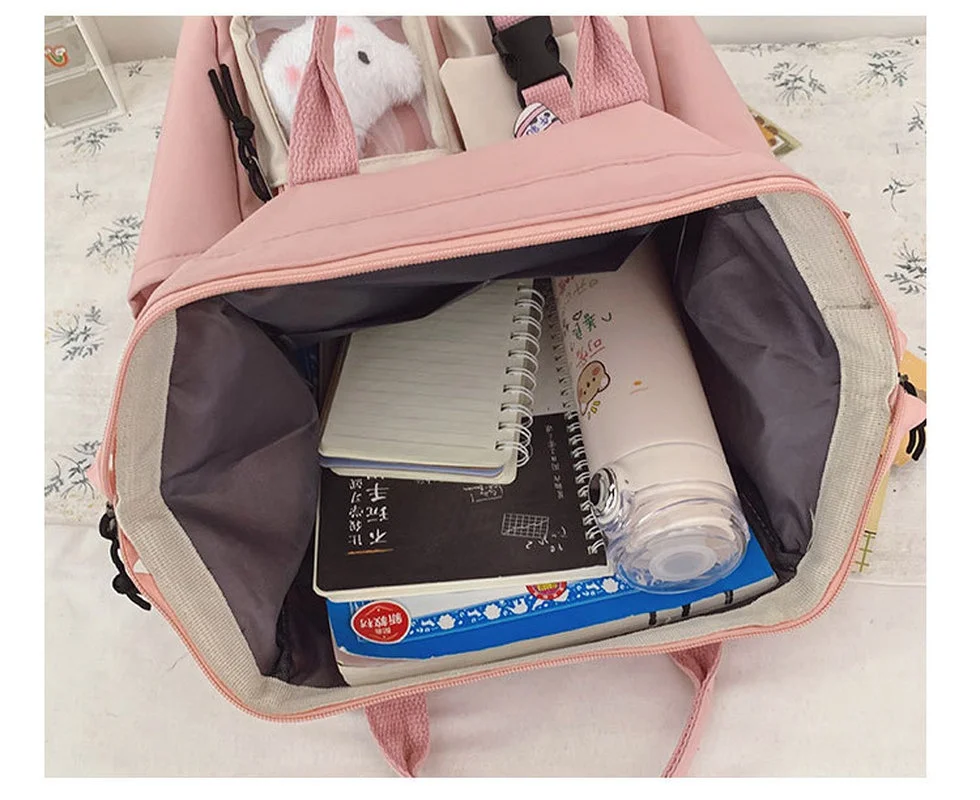 Borsa da scuola in Nylon per Laptop zaino da viaggio per ragazza adolescente con ciondolo orso Kawaii zaino da campeggio impermeabile