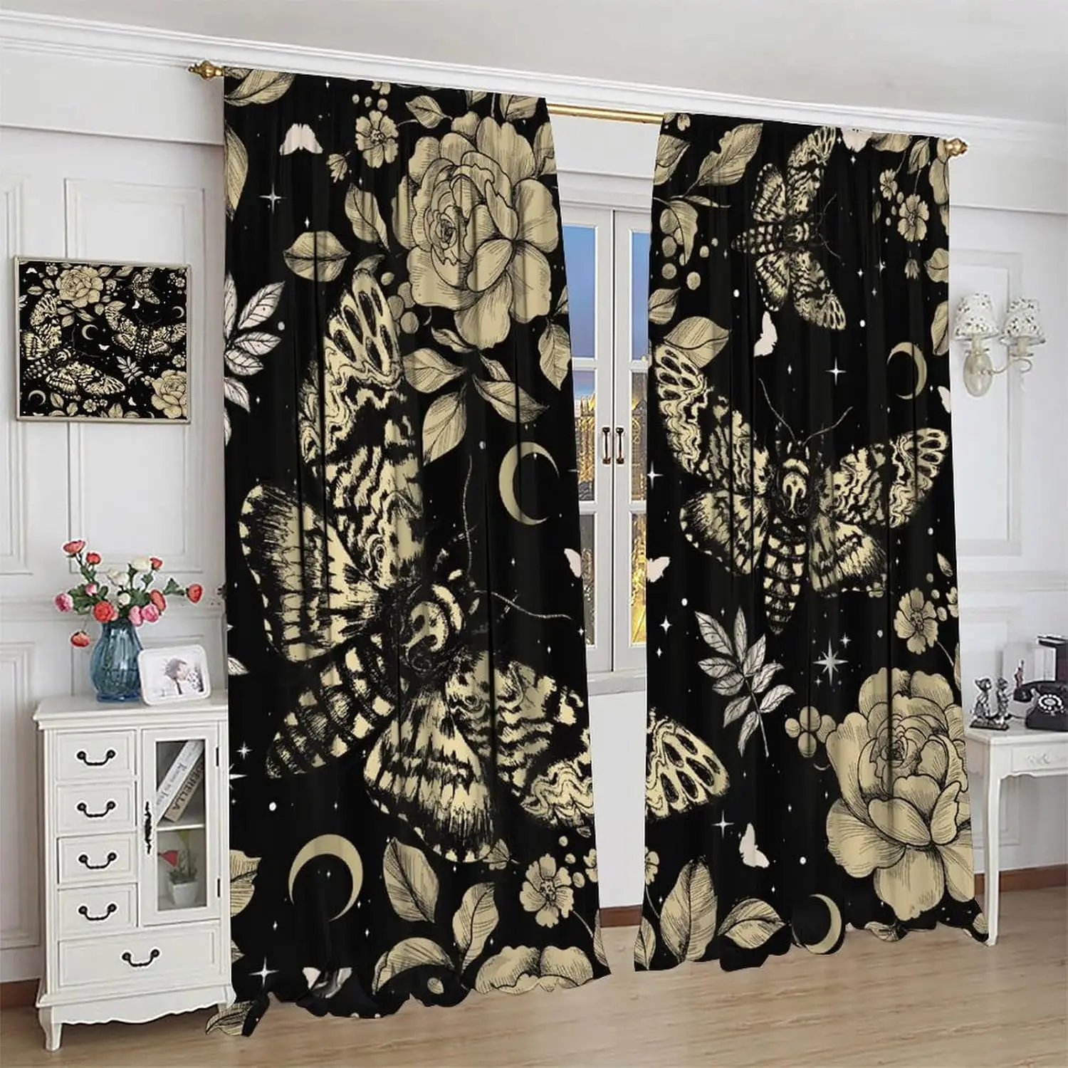 Gothic Moth Curtains for Bedroom,Vintage Boho Mystery Moon Phase Vintage Hippy Flower Plant Star Butterfly Window Drapes Kids