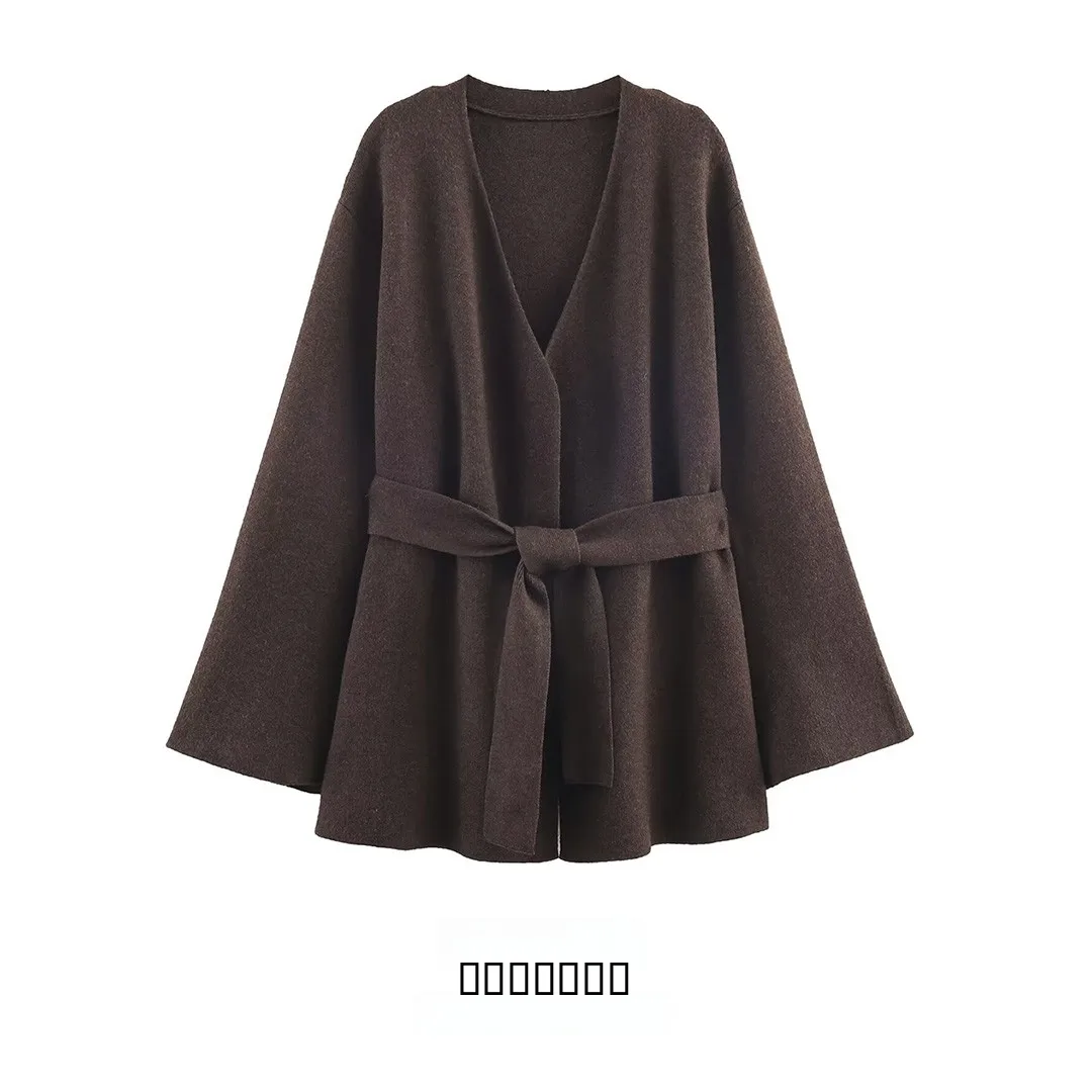 KASLEAD New Women's Faion Simple Knitted Belted Jaet V-ne Mid-length Polyester Fiber Long Sve Winter Outerwear