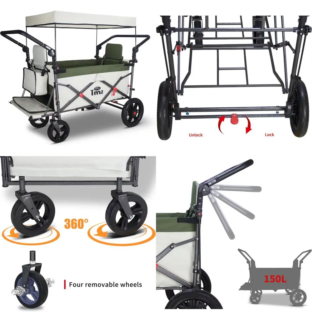 Vagão dobrável multifuncional dobrável com alça ajustável, dossel e acesso de expansão para atividades ao ar livre