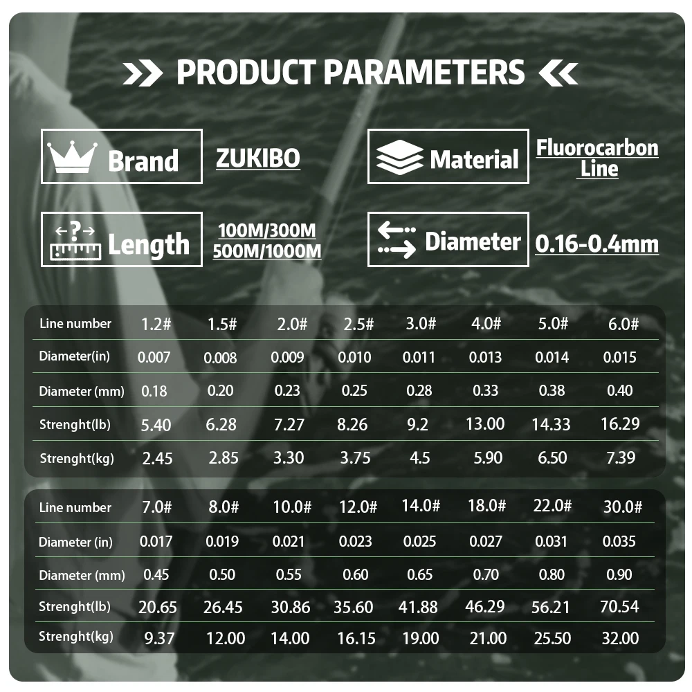 ZUKIBO 99% FLUOROCARBON Fishing Line Japanese Material 100M 300M 500M 1000M Abrasion Resistant Fast Sinking Fishing Leader Line