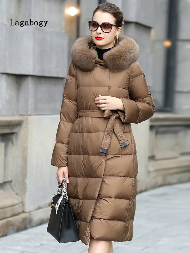 

Winter 2023 Real Fox Fur Women Collar 90% White Duck Down Coat Light Warm Slim Hooded Puffer Jacket Female Long Parkas