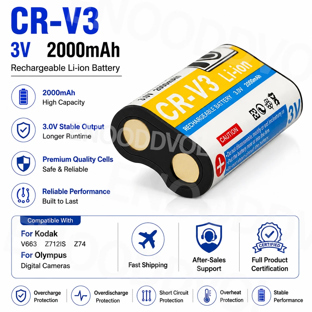 2PCS CR-V3 CRV3 Battery 2000mAh 3.0V Li-ion Rechargeable Camera Battery for Kodak V663 Z712IS Z74 Olympus Digital Cameras