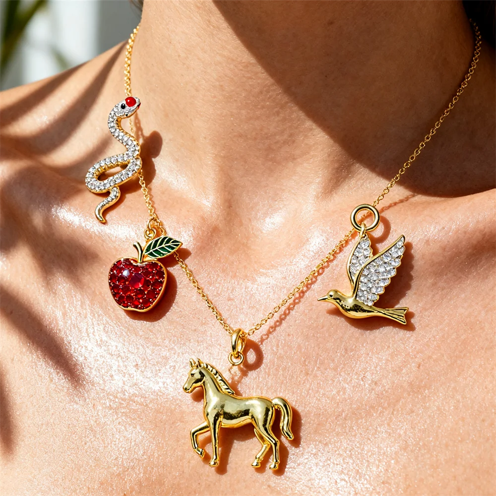 

4 шт. подвески из латуни, подвески в виде животных и фруктов, ювелирные изделия «сделай сам», для изготовления ожерелья, браслета, уникальные аксессуары в виде птицы, змеи, яблока и лошади