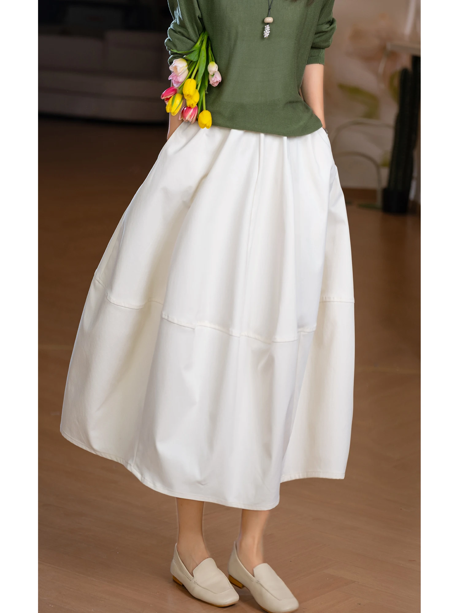 Titanium Cotton Puffy Skirt Women's mid Waist Multi-Line Partition Breathable Loose Fit Style Daily Wear Flower Bud Skirt