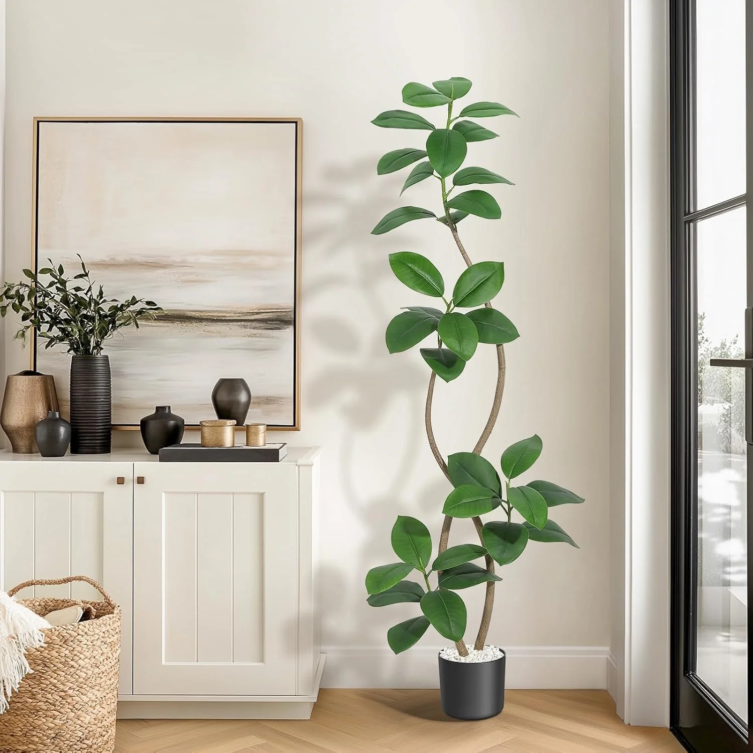 

7FT(210cm) Artificial Rubber Tree, Tall Faux Fiddle Leaf Fig Indoor Plant with Black Pot , Realistic Fake Tree for Home Decor, Office, or Living Room Floor Decoration