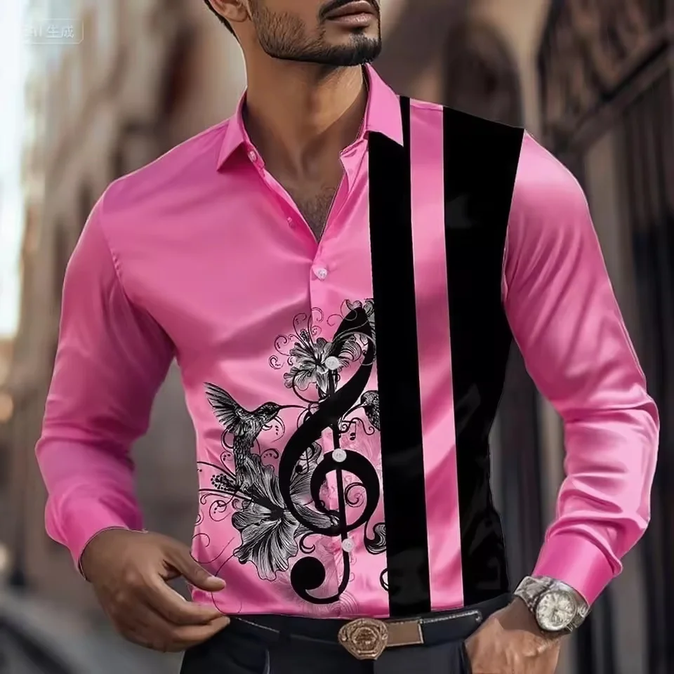 قميص موسيقي مخطط جديد للرجال، قميص بأزرار وأكمام طويلة، أزياء ليلية غير رسمية، قميص طية صدر السترة للخريف، قميص رجالي بمقاس كبير #2