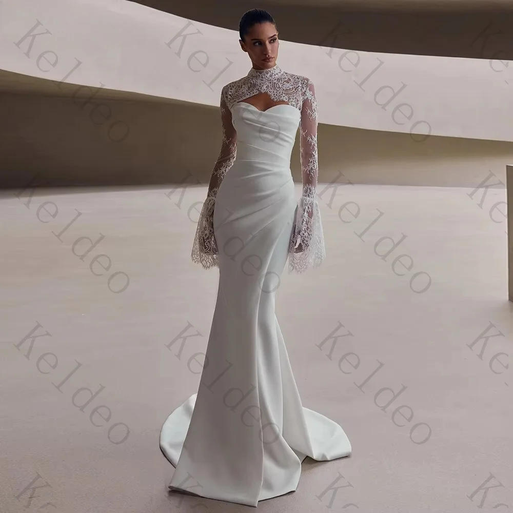Customized Strapless Mermaid Sleeveless Wedding Dresses Pleated Draped Removable Lace Jacket Open Back Floor Length Bridal Gowns