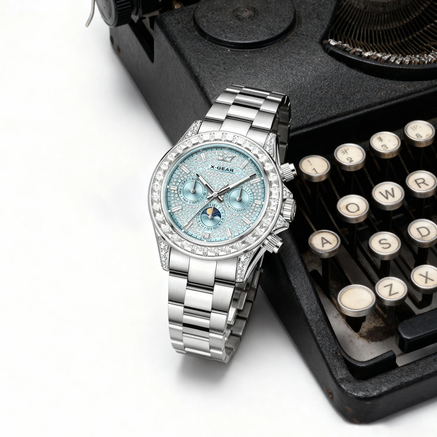 X-GEAR 패션 고급 디자인 남성용 시계 스테인리스 스틸 실버 브레이슬릿