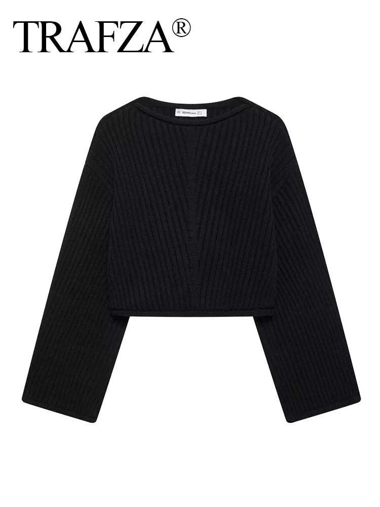 

TRAFZA Women New Casual Round Collar Long Sleeve Solid Knitted Pullover Sweater Autumn Female Elegant Ribbed Short Sweater