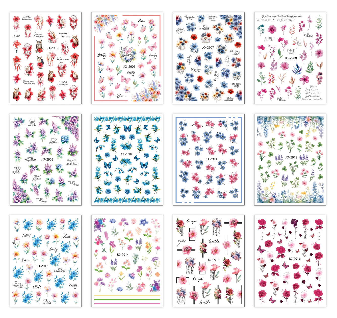 12pcs 3d Nail Art Decals Spring Blooming Florals Lines Letters Pink Flowers Lavenders Nail Stickers Decoration For Nail Manicure