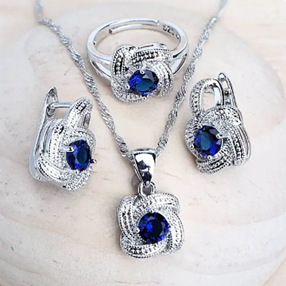 Blue Zirconia Women Jewelry Sets 925 Sterling Silver Wedding Bridal Costume Jewellery Earrings Rings Bracelets Pendant Necklace